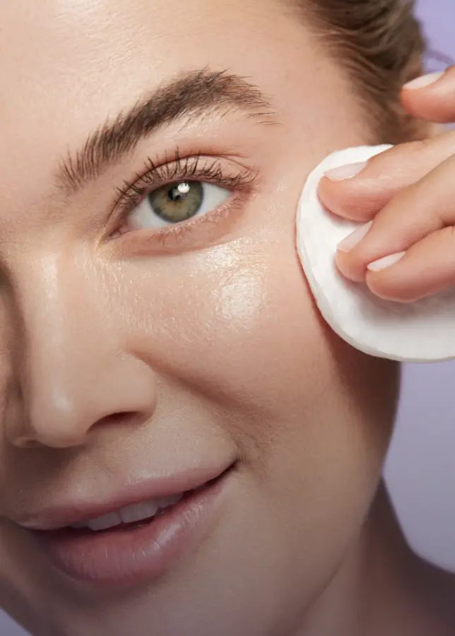 Close up of a woman using make up remover wipes and Lumify cleaning water